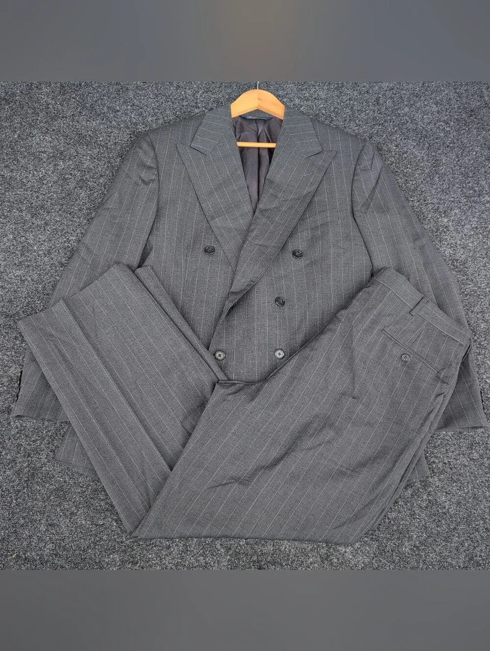 Vtg Polo Ralph Lauren Suit 44/38 Gray Wool Striped Double Breasted Peak Lapel